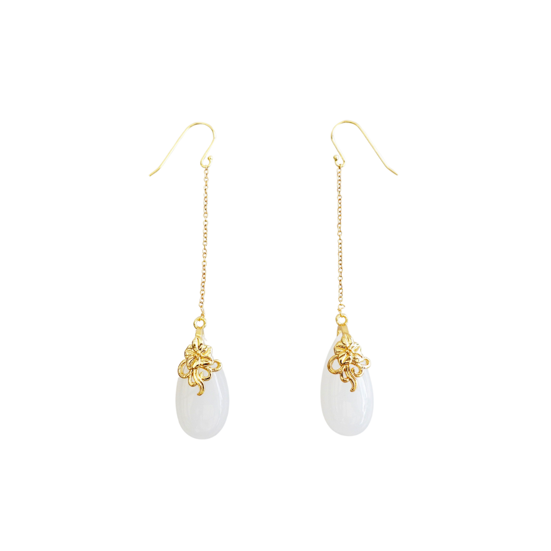 White Jade Earrings with Long Dangle Chain