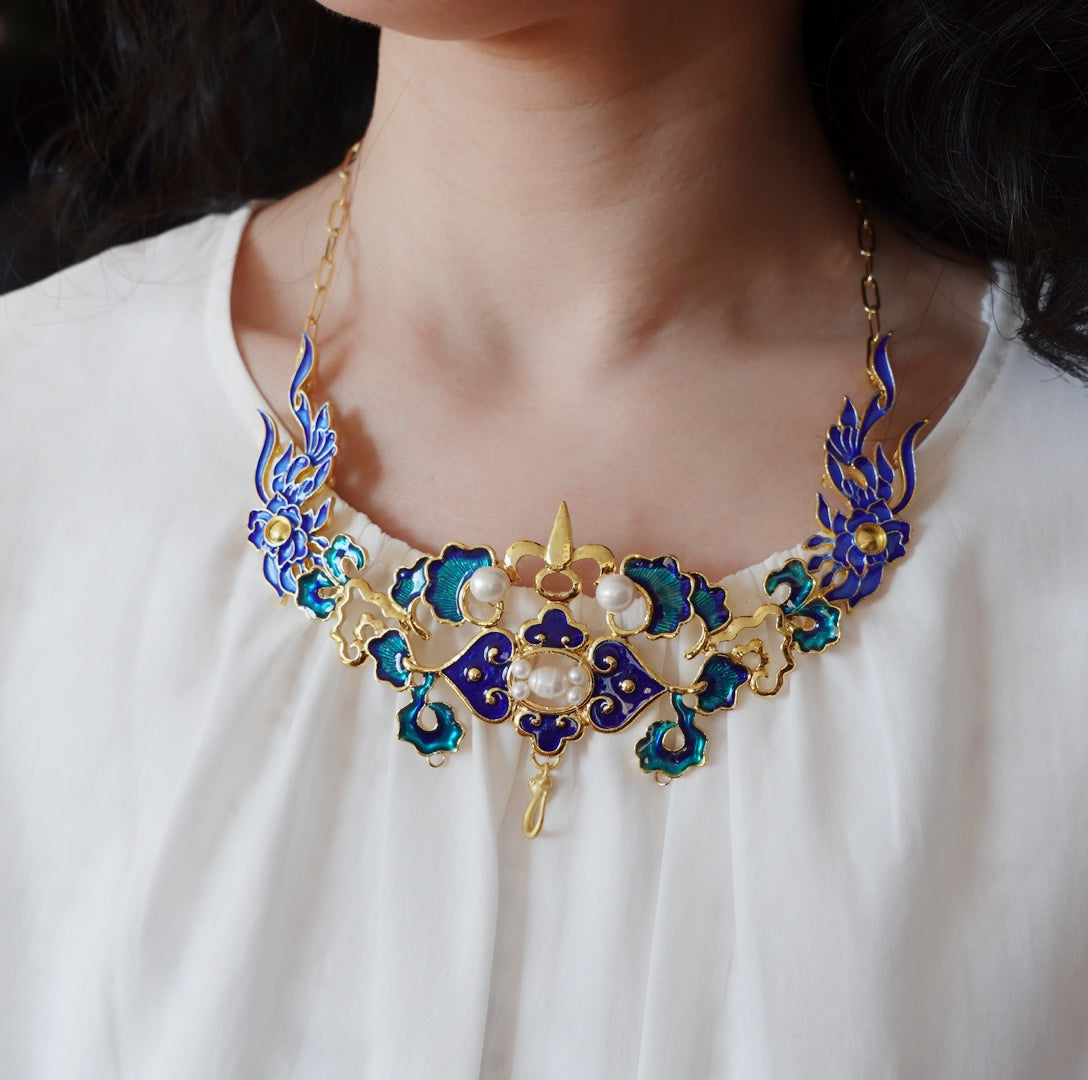 Blue and Green Enamel Statement Necklace - Yun Boutique