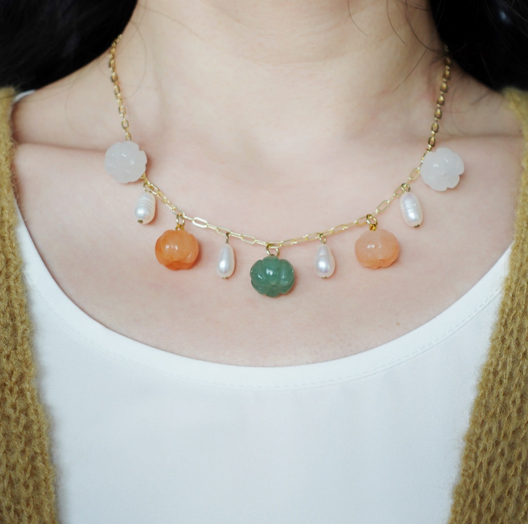 Gemstone Pumpkin Necklace - Orange Green White