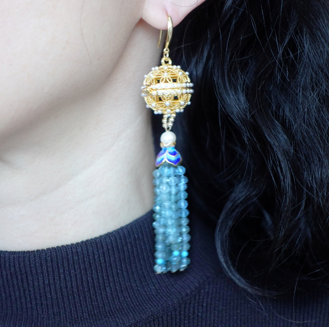 Herbal Locket Gemstone Tassel Earrings - Aquamarine