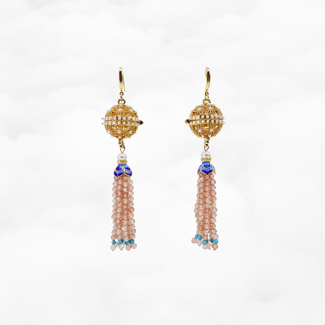 Herbal Locket Gemstone Tassel Earrings - Champagne Zircon