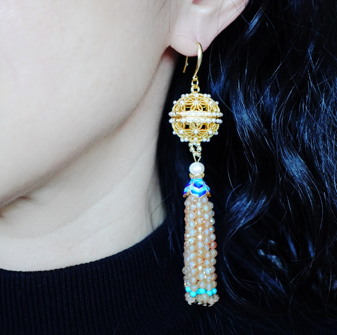 Herbal Locket Gemstone Tassel Earrings - Champagne Zircon