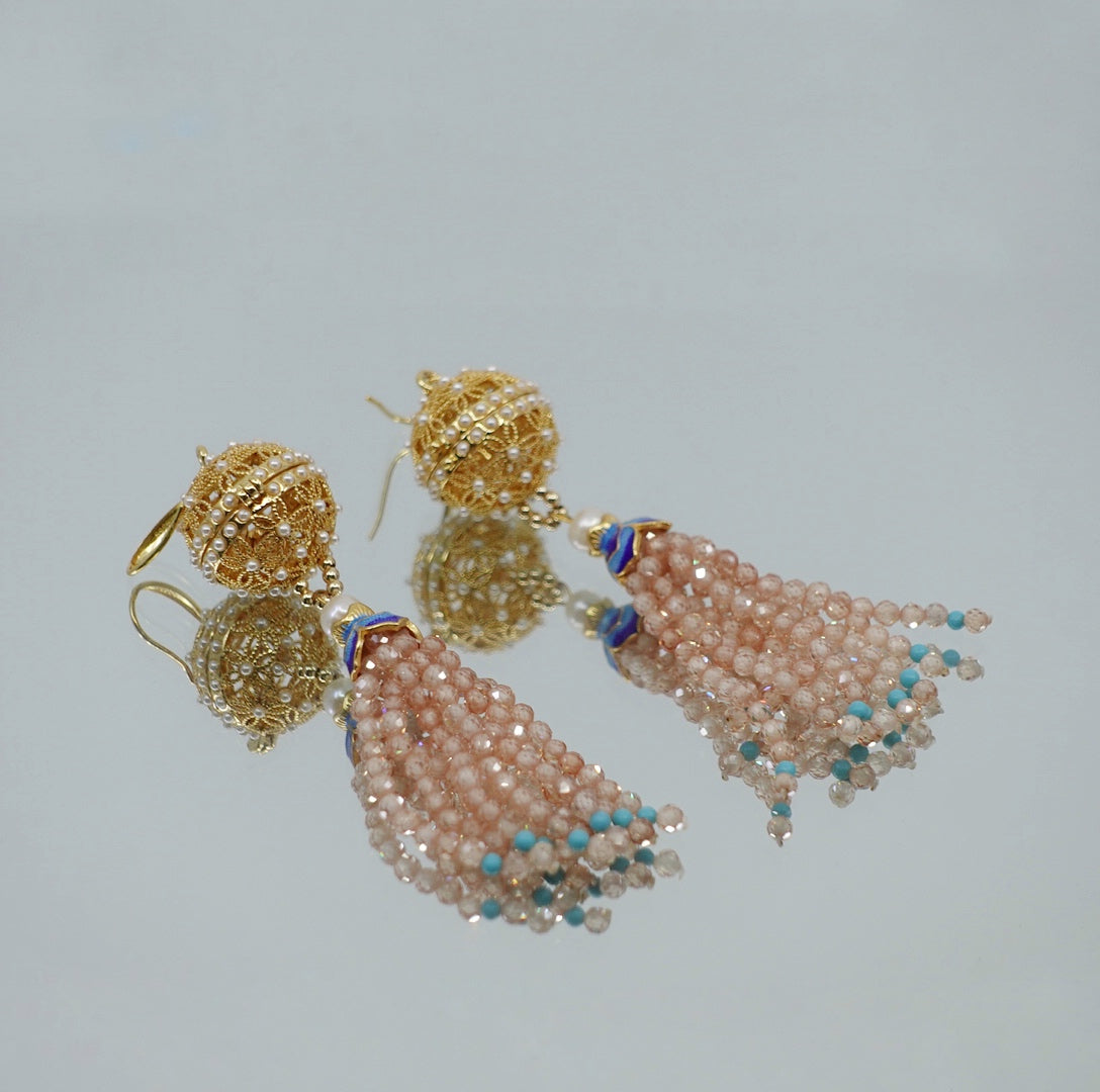 Herbal Locket Gemstone Tassel Earrings - Champagne Zircon