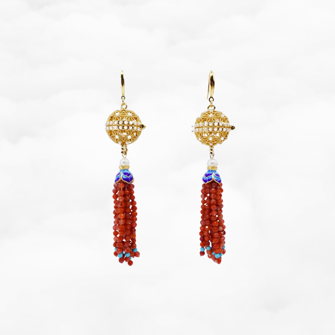 Herbal Locket Gemstone Tassel Earrings - Faceted Carnelian