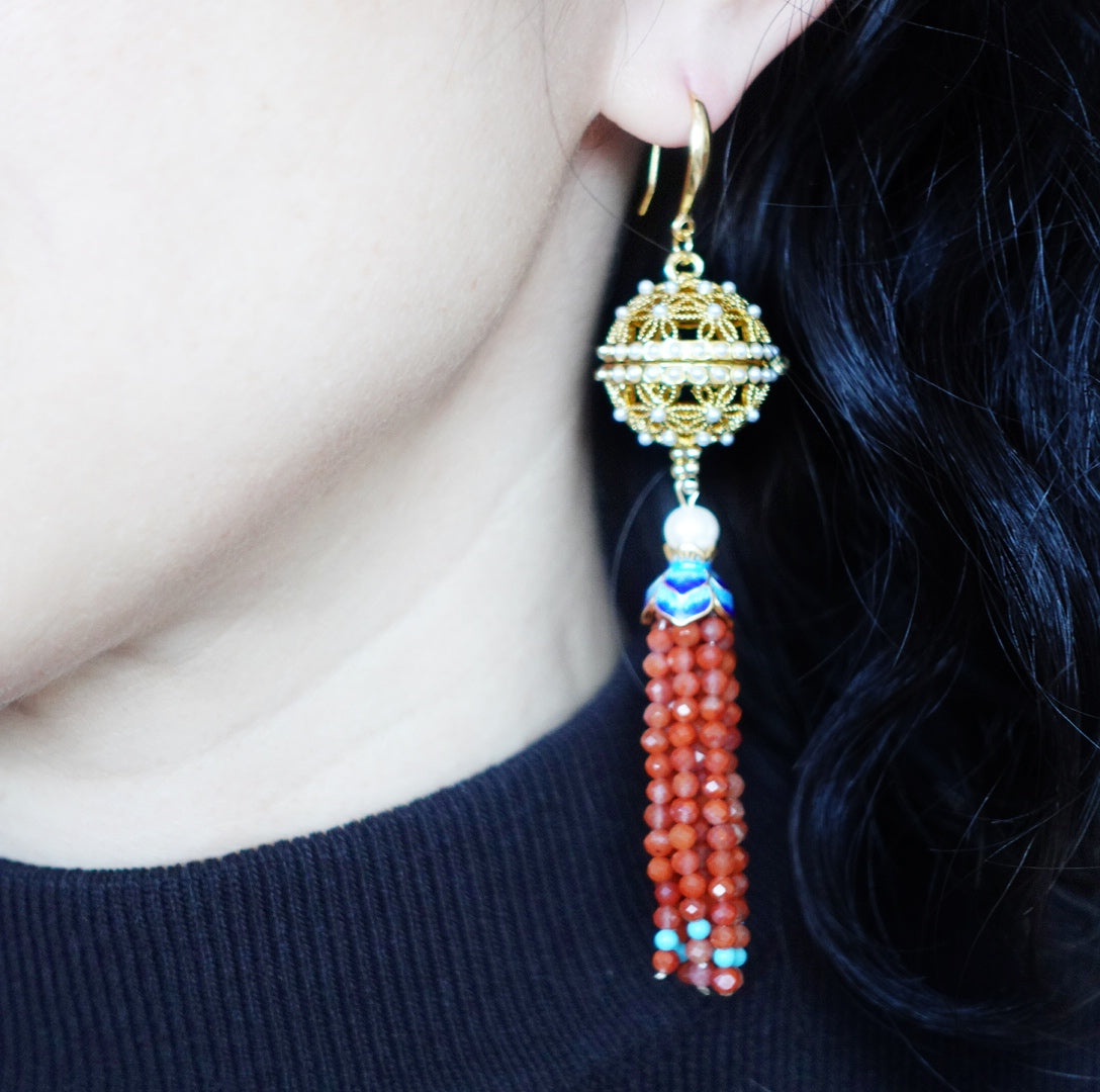 Herbal Locket Gemstone Tassel Earrings - Faceted Carnelian