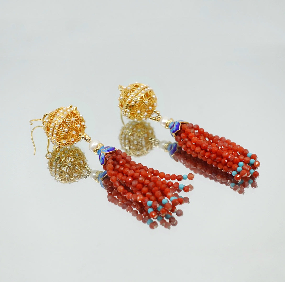 Herbal Locket Gemstone Tassel Earrings - Faceted Carnelian