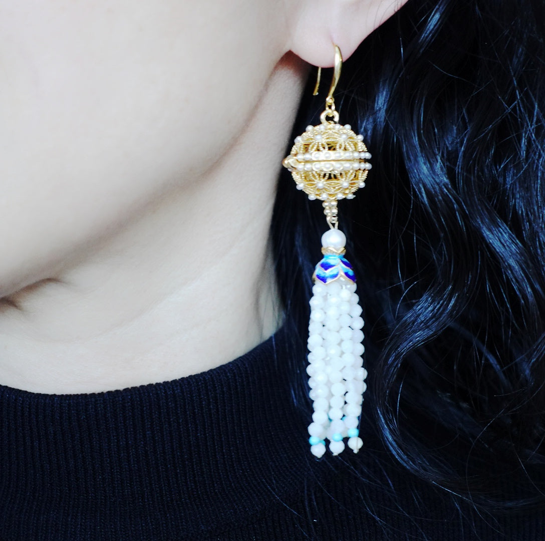 Herbal Locket Gemstone Tassel Earrings - Jadeite