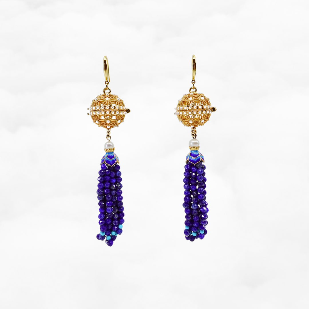 Herbal Locket Gemstone Tassel Earrings - Lapis