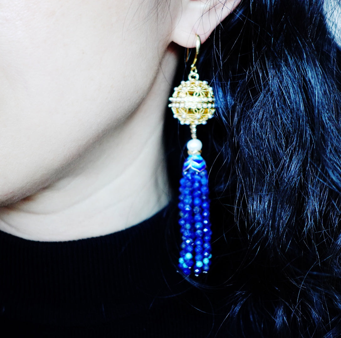 Herbal Locket Gemstone Tassel Earrings - Lapis