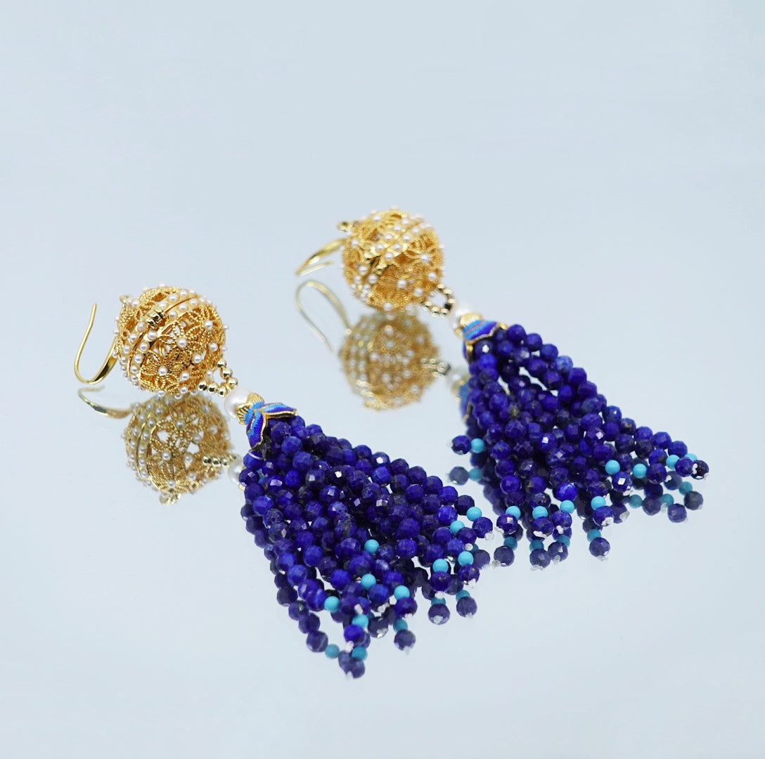 Herbal Locket Gemstone Tassel Earrings - Lapis