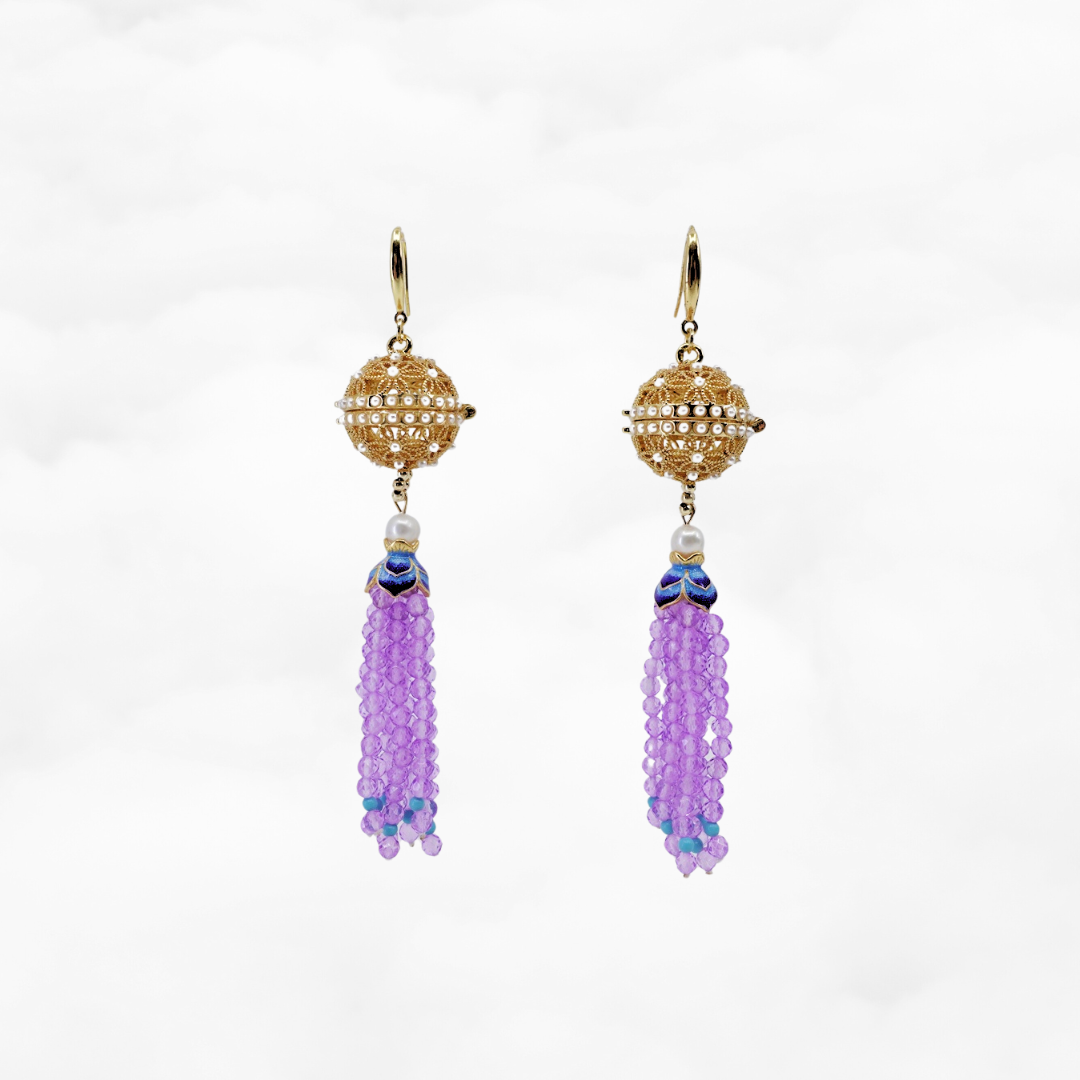 Herbal Locket Gemstone Tassel Earrings - Lavender Zircon