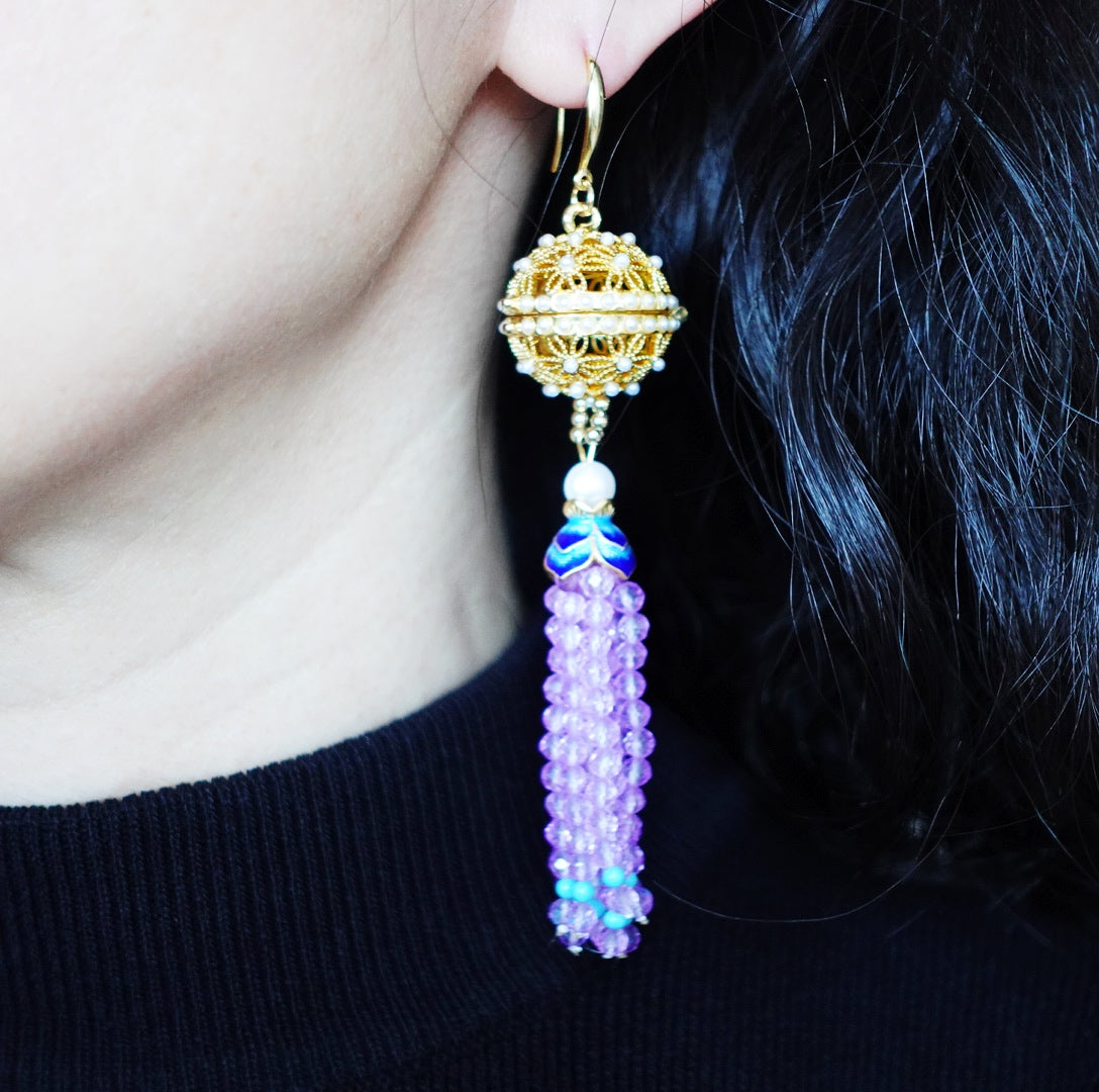 Herbal Locket Gemstone Tassel Earrings - Lavender Zircon