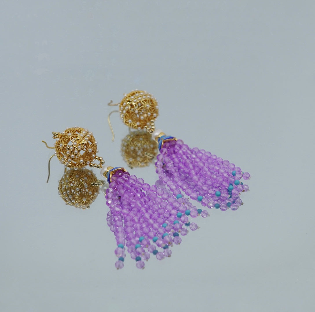 Herbal Locket Gemstone Tassel Earrings - Lavender Zircon