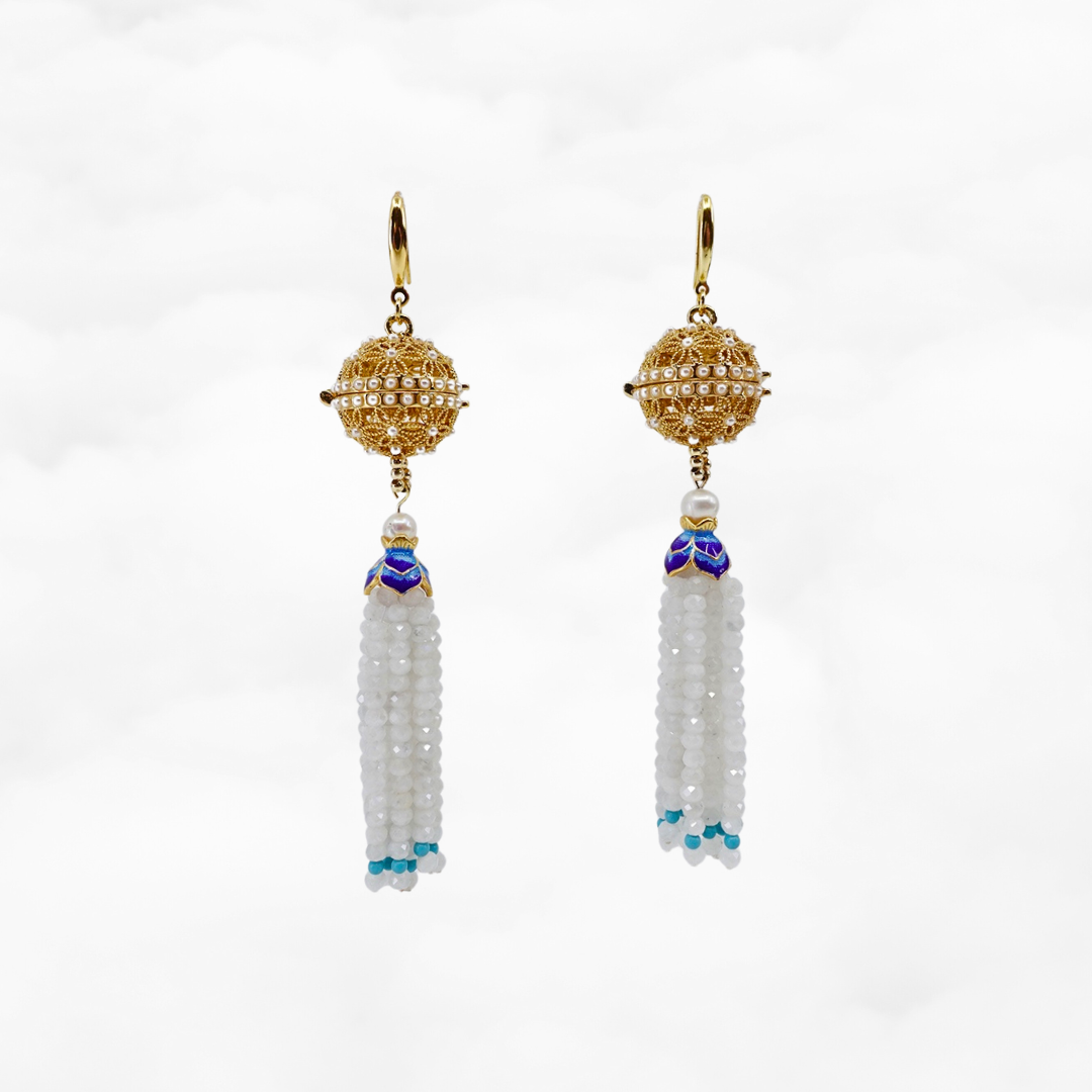 Herbal Locket Gemstone Tassel Earrings - Moonstone