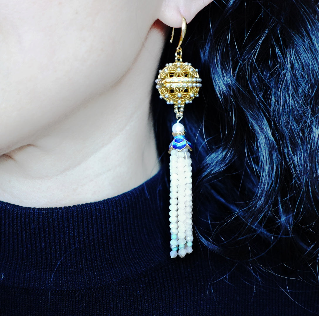 Herbal Locket Gemstone Tassel Earrings - Moonstone