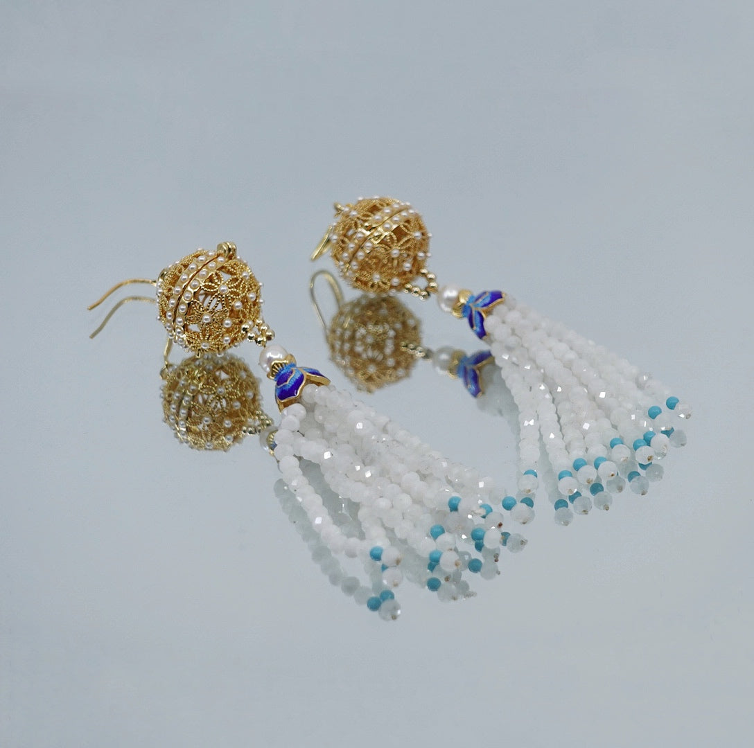 Herbal Locket Gemstone Tassel Earrings - Moonstone