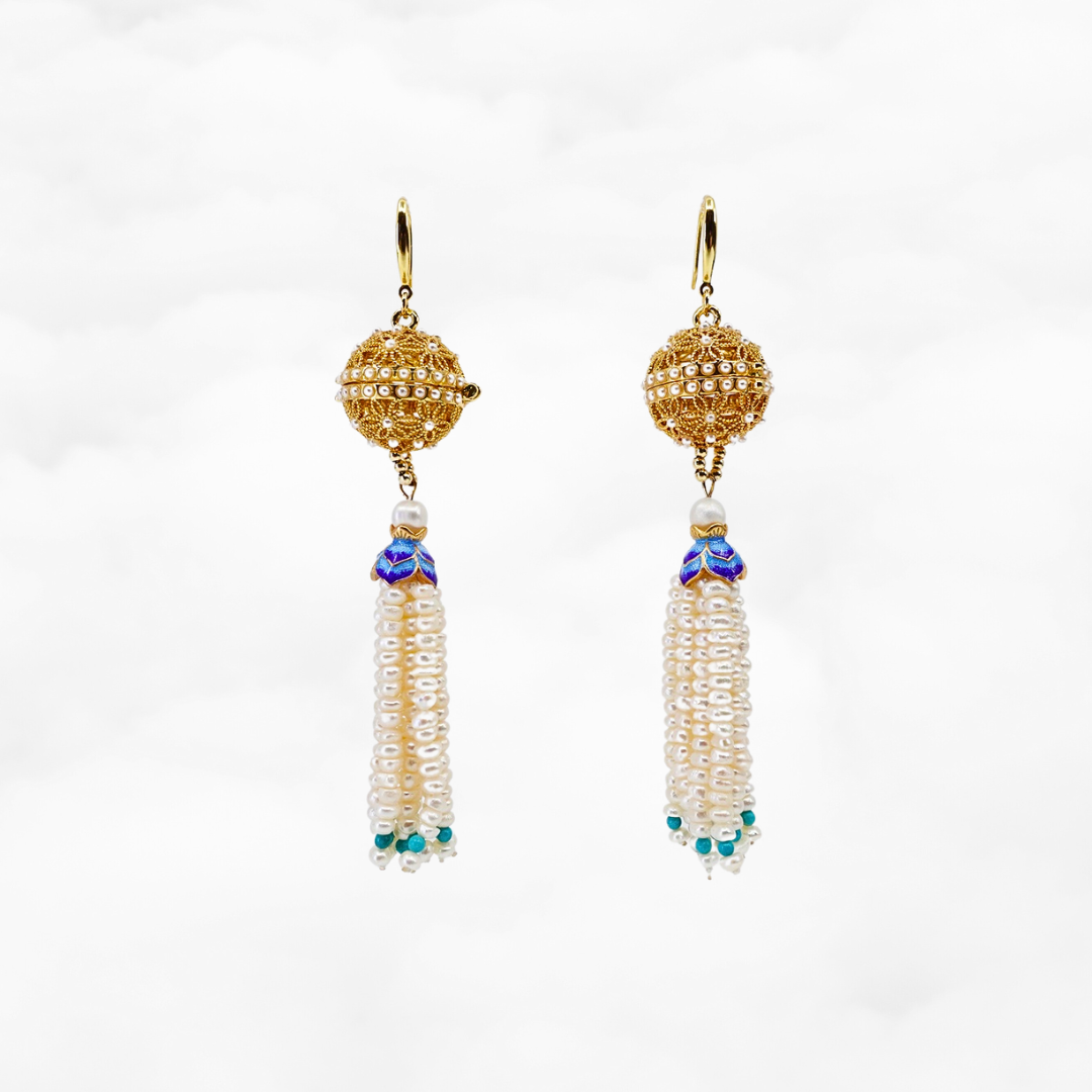 Herbal Locket Gemstone Tassel Earrings - Pearl