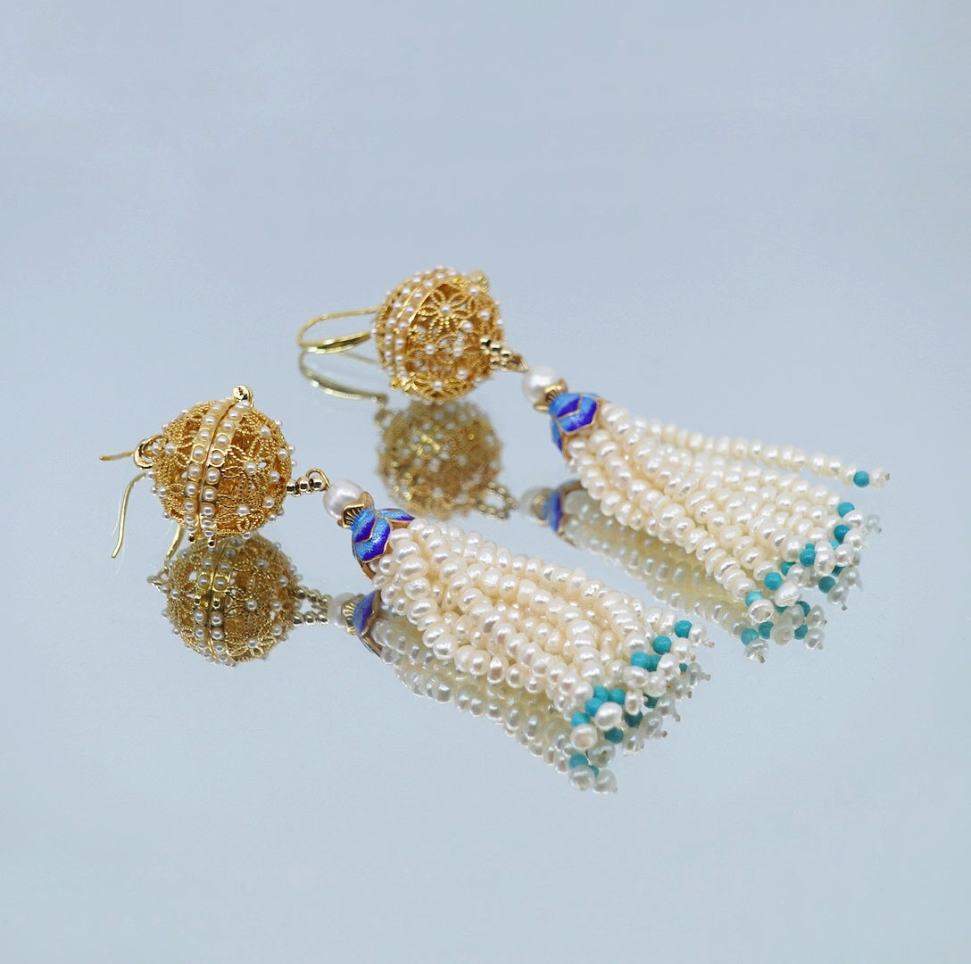 Herbal Locket Gemstone Tassel Earrings - Pearl Flat