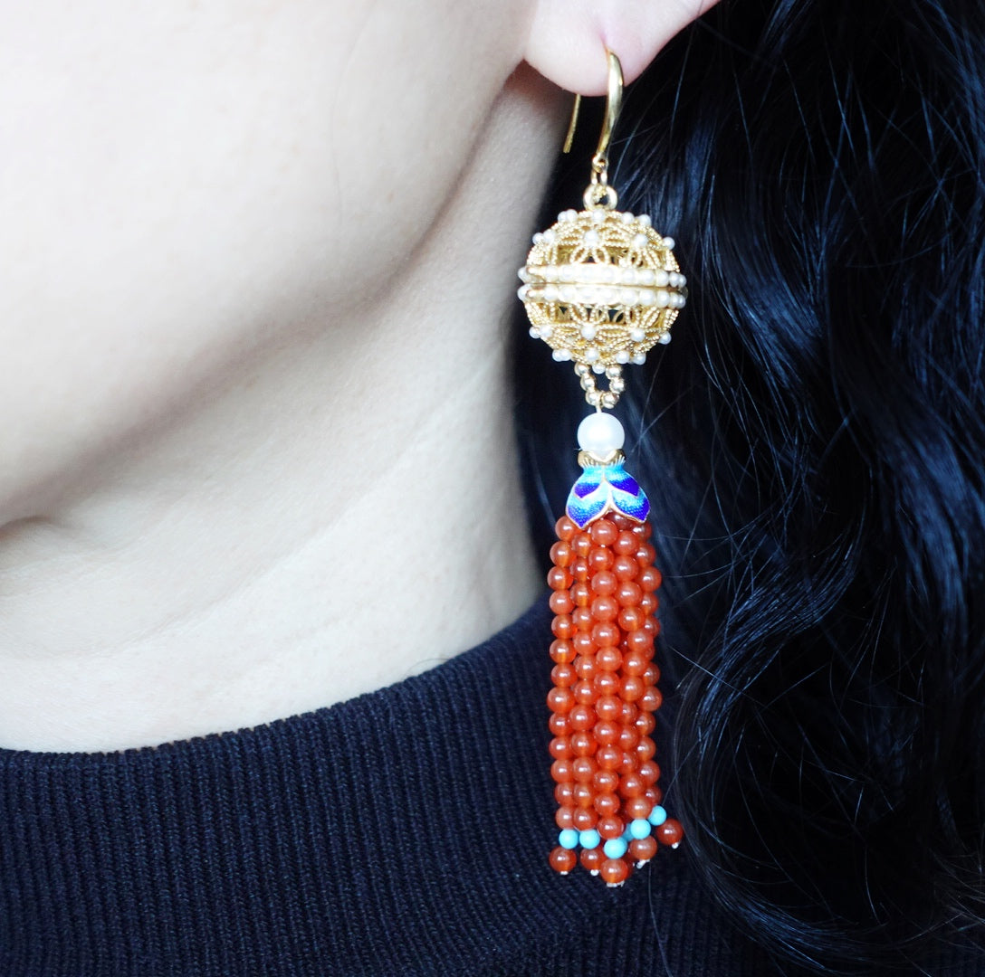 Herbal Locket Gemstone Tassel Earrings - Round Carnelian