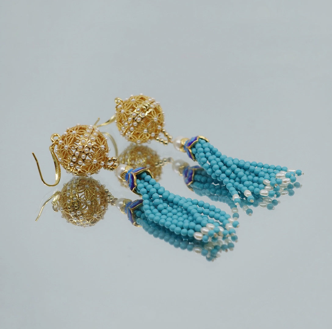 Herbal Locket Gemstone Tassel Earrings - Turquoise