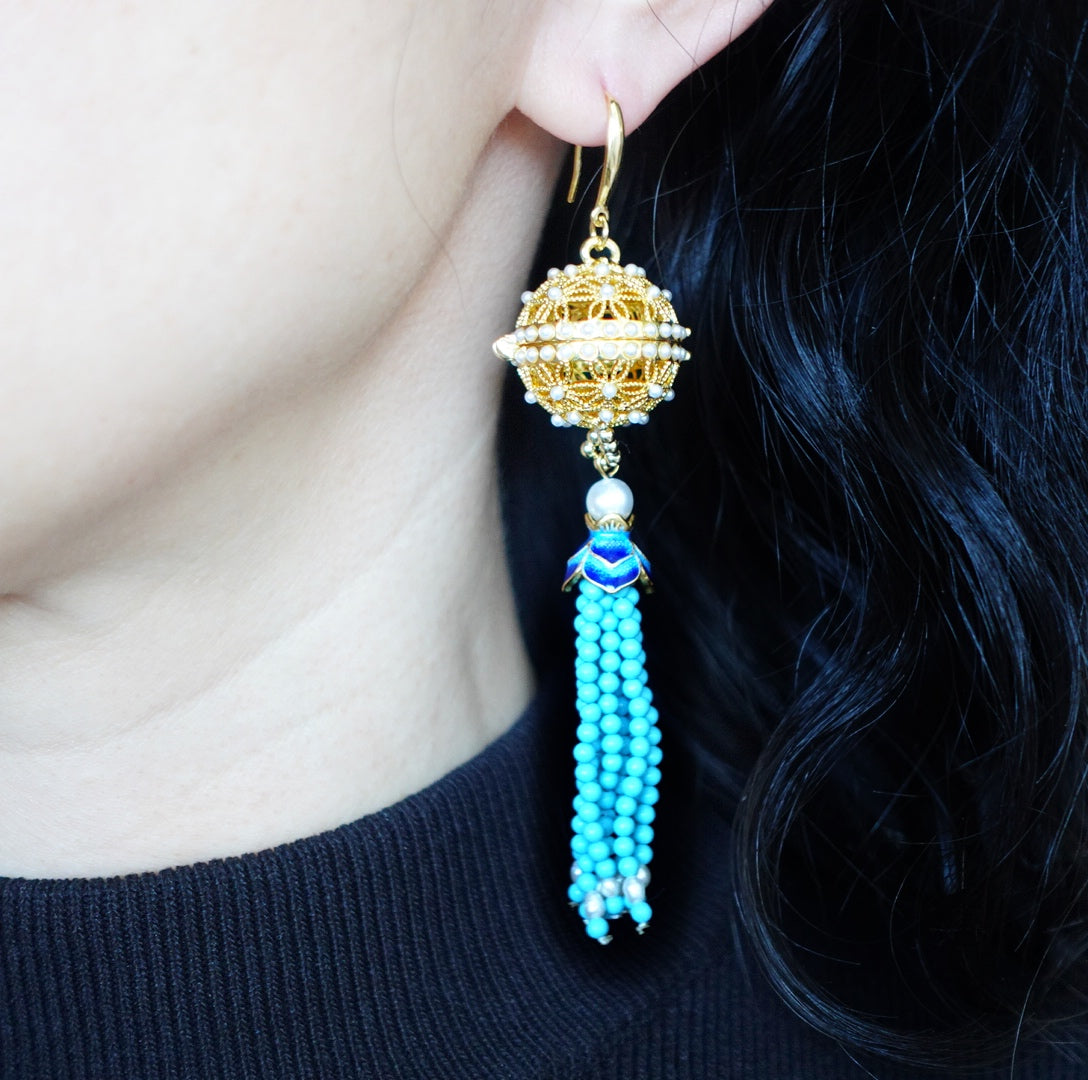 Herbal Locket Gemstone Tassel Earrings - Turquoise