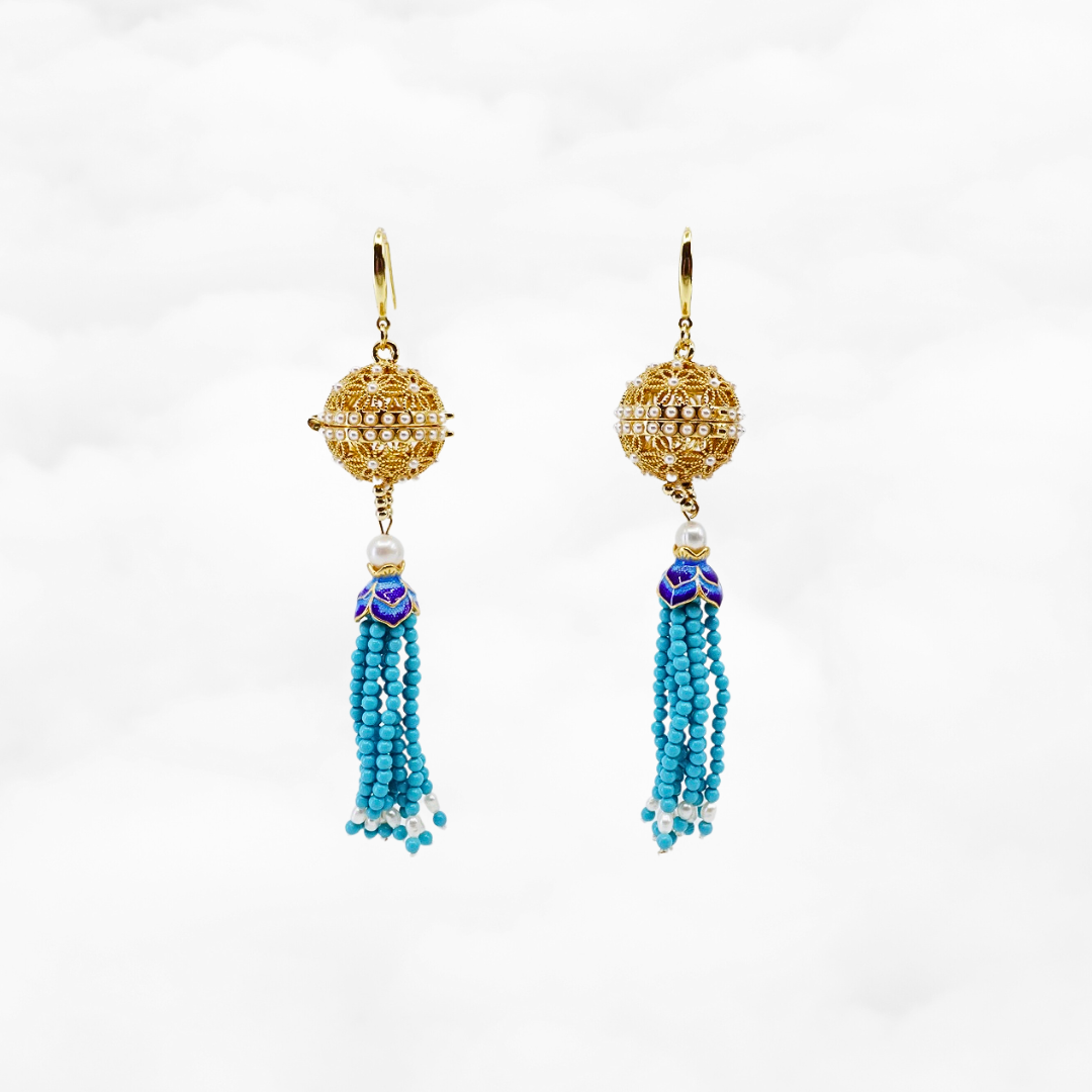 Herbal Locket Gemstone Tassel Earrings - Turquoise