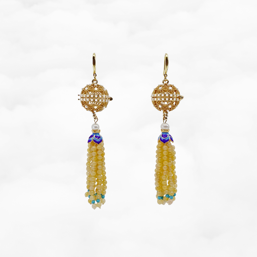 Herbal Locket Gemstone Tassel Earrings - Yellow Jade