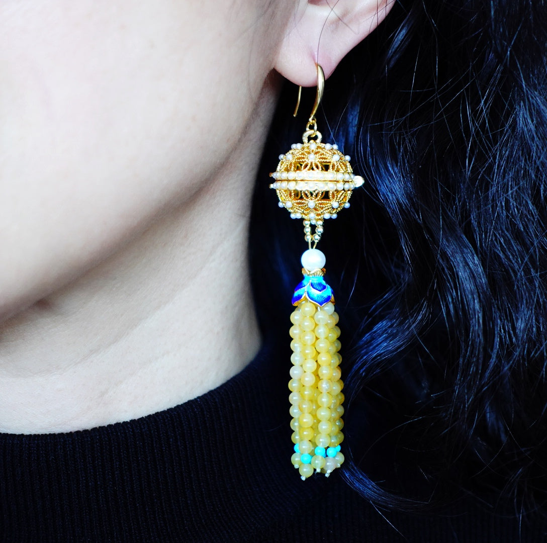 Herbal Locket Gemstone Tassel Earrings - Yellow Jade