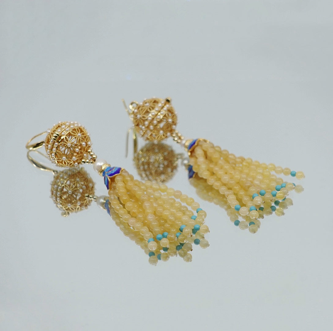 Herbal Locket Gemstone Tassel Earrings - Yellow Jade