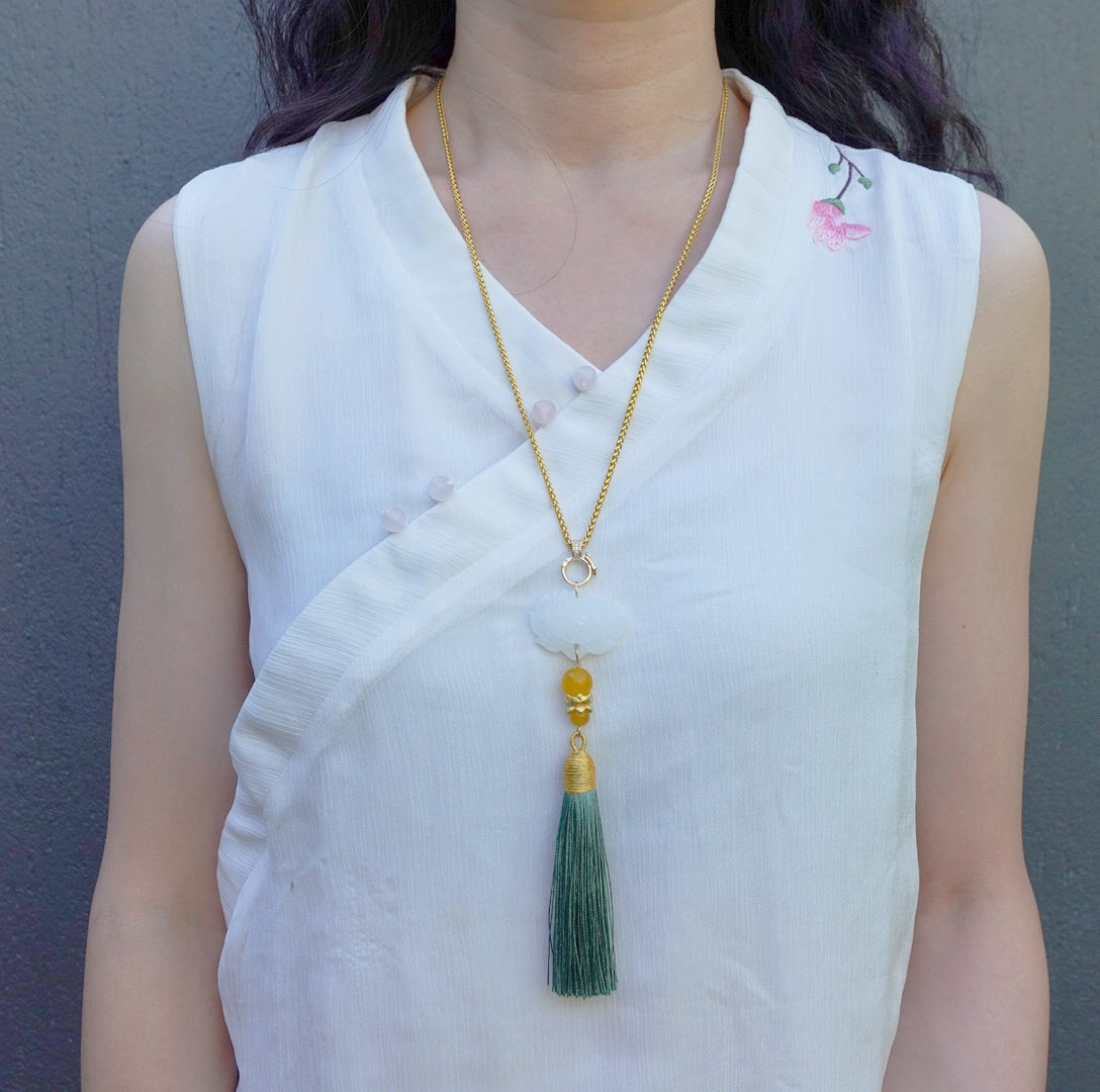 White Jade Lotus Tassel Pendant - Yun Boutique