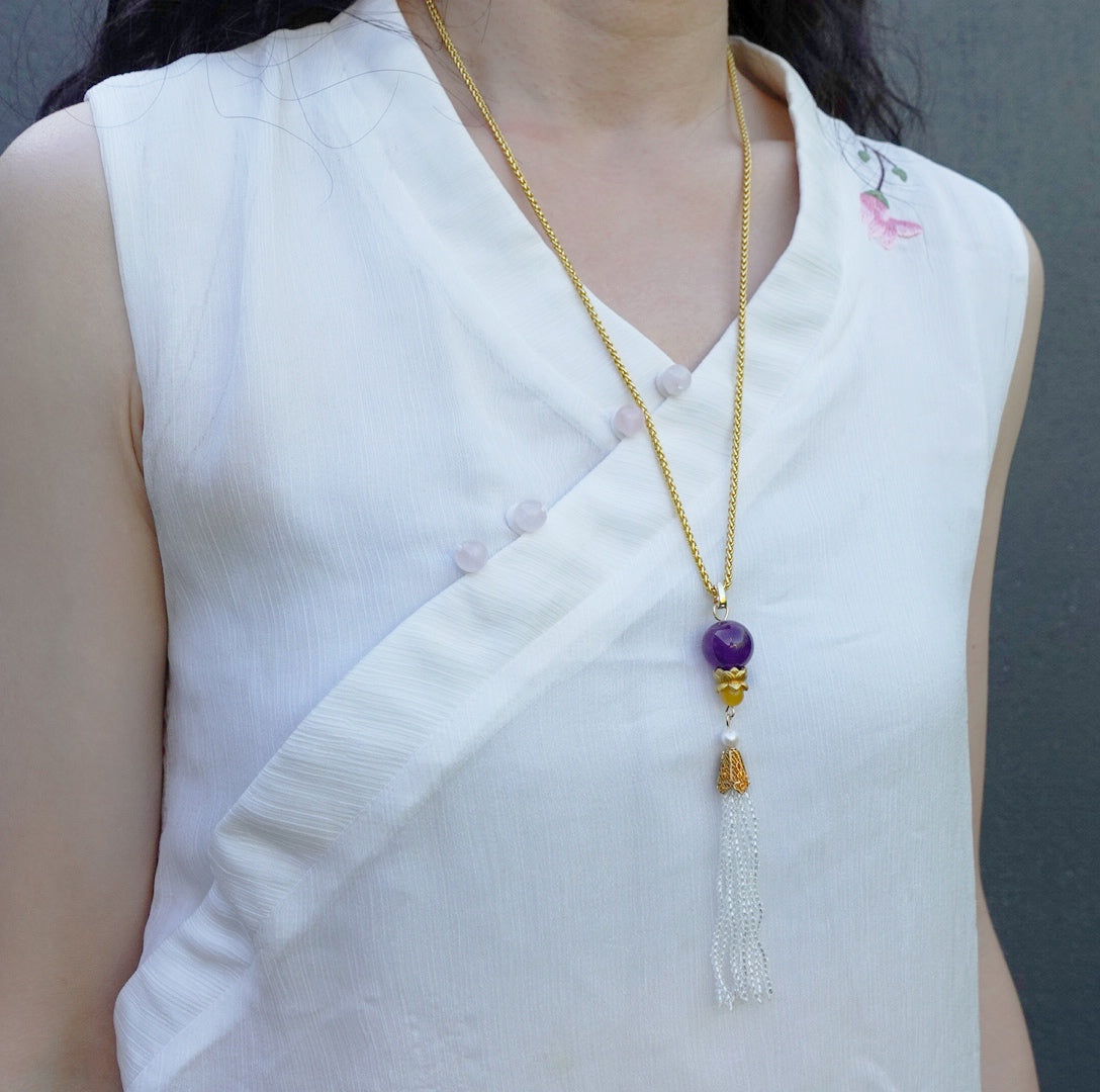 Amethyst Lotus Zircon Tassel Pendant - Yun Boutique