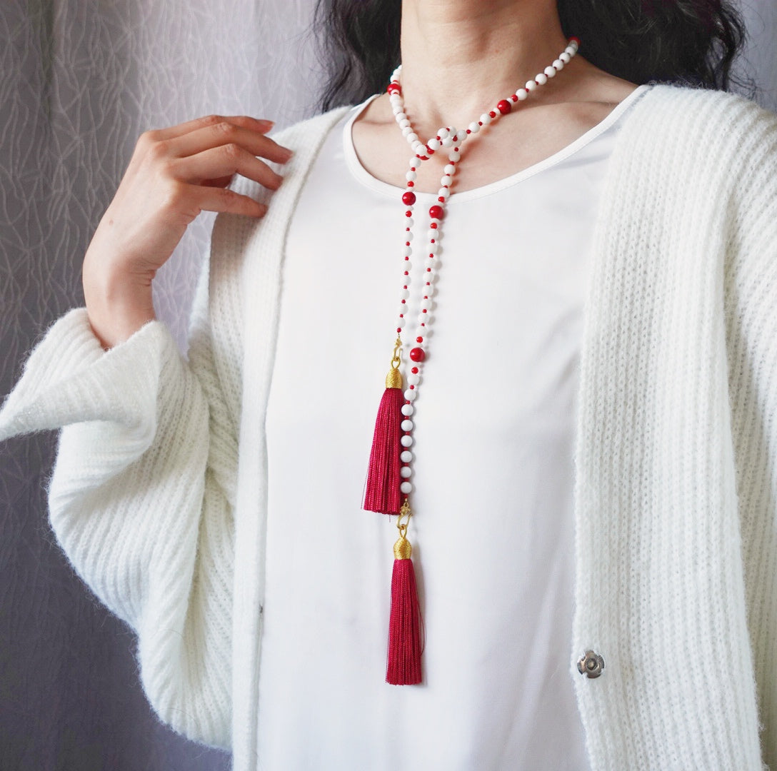 Return to Origin Tridacna and Red Coral Beaded Necklace with Tassels - Yun Boutique