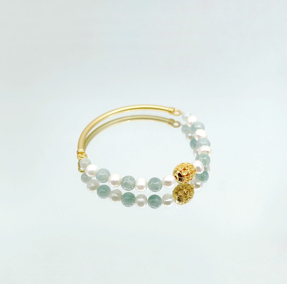 Half Bangle Jade and Pearl Bracelet - Yun Boutique