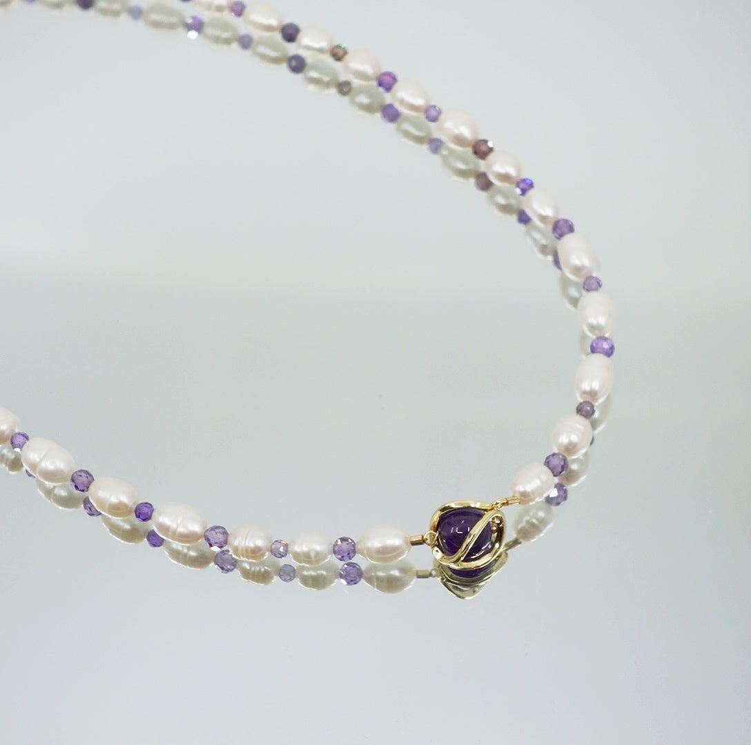 Pearl Necklace with Purple Zirconia - Yun Boutique