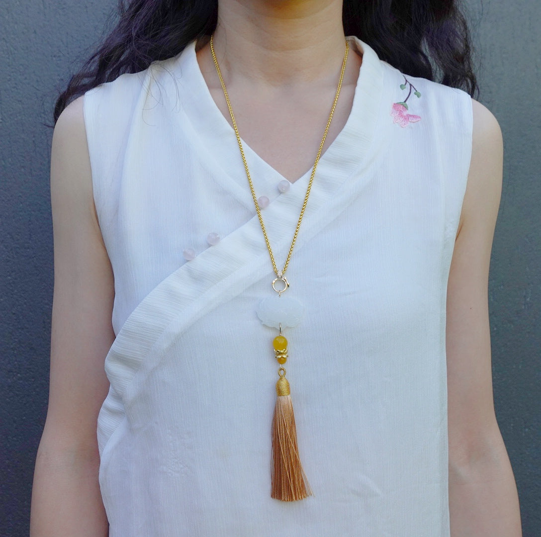 White Jade Lotus Tassel Pendant Champagne - Yun Boutique