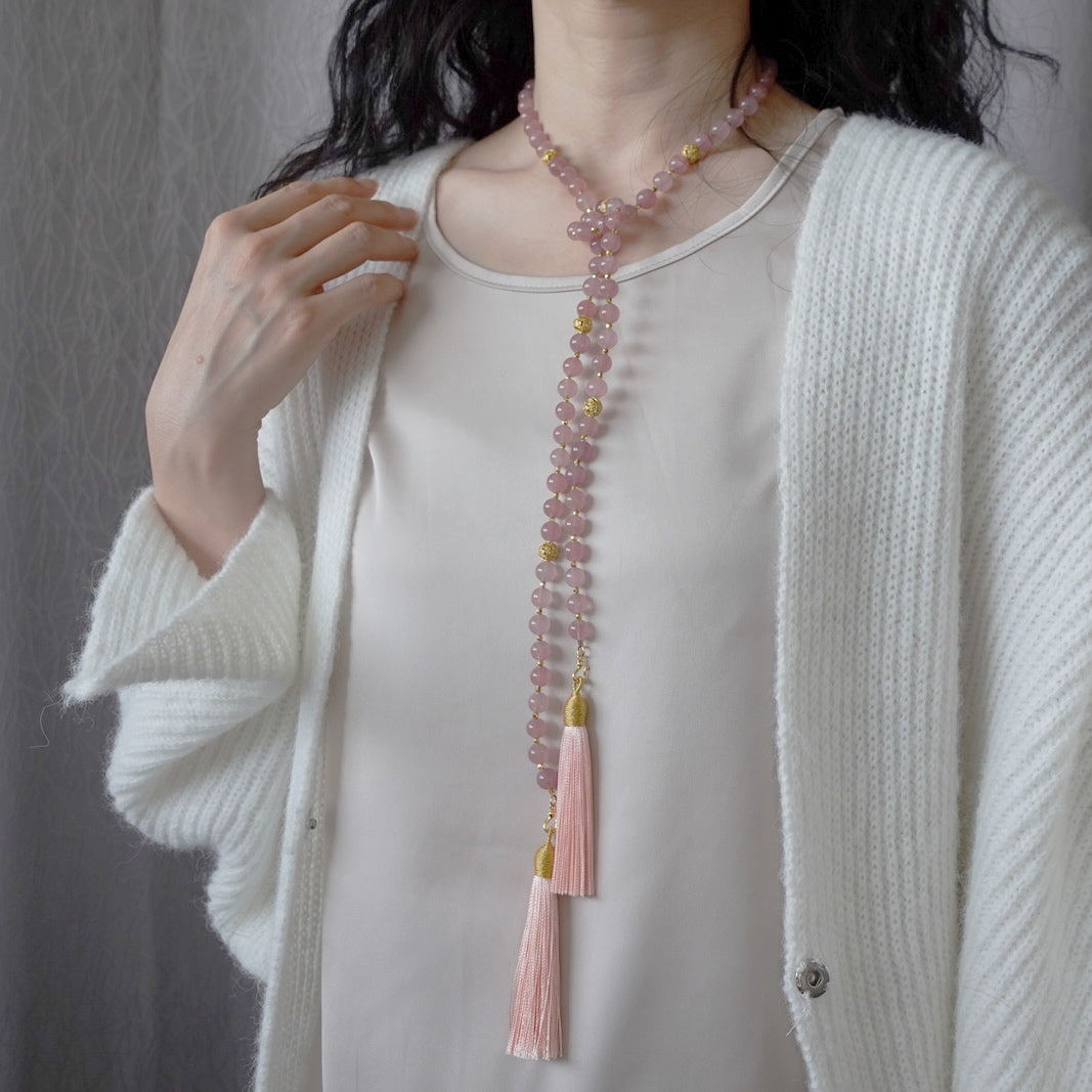 Return to Origin Multi-style Rose Quartz Beaded Necklace with Tassels Modeling - Yun Boutique