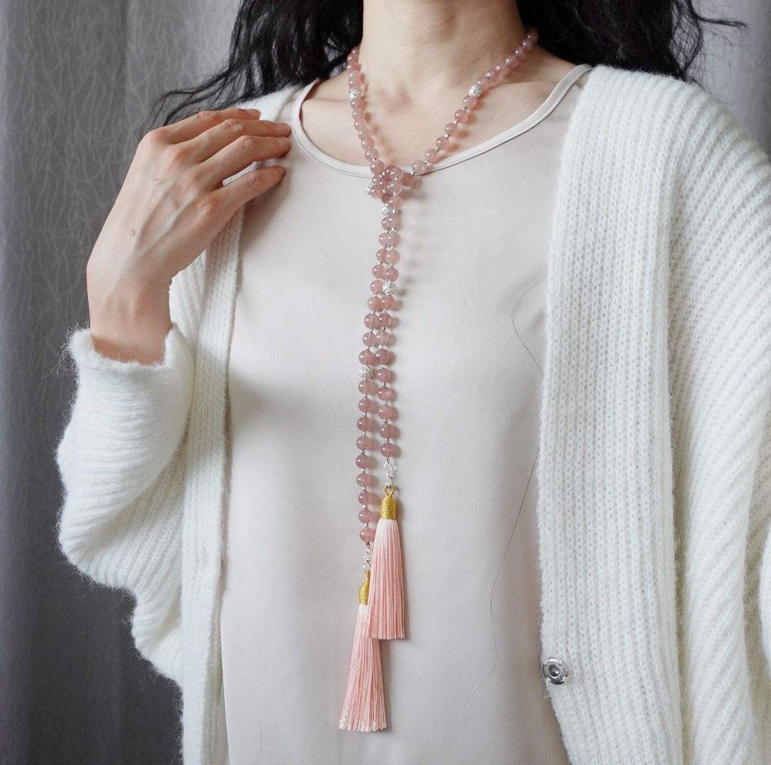 Return to Origin Multi-style Rose Quartz Beaded Necklace with Tassels Modeling - Yun Boutique