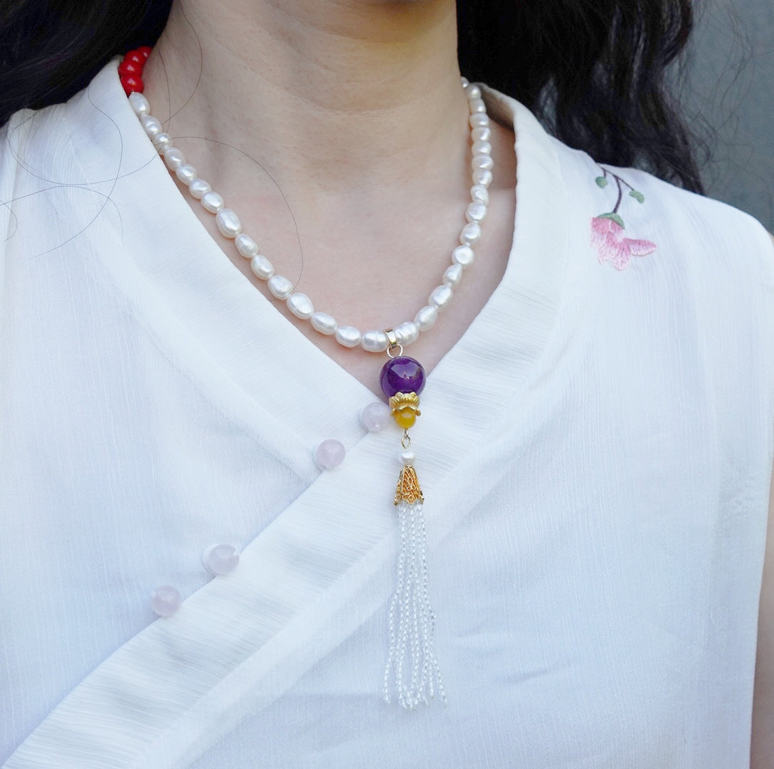 Amethyst Lotus Zircon Tassel Pendant - Yun Boutique