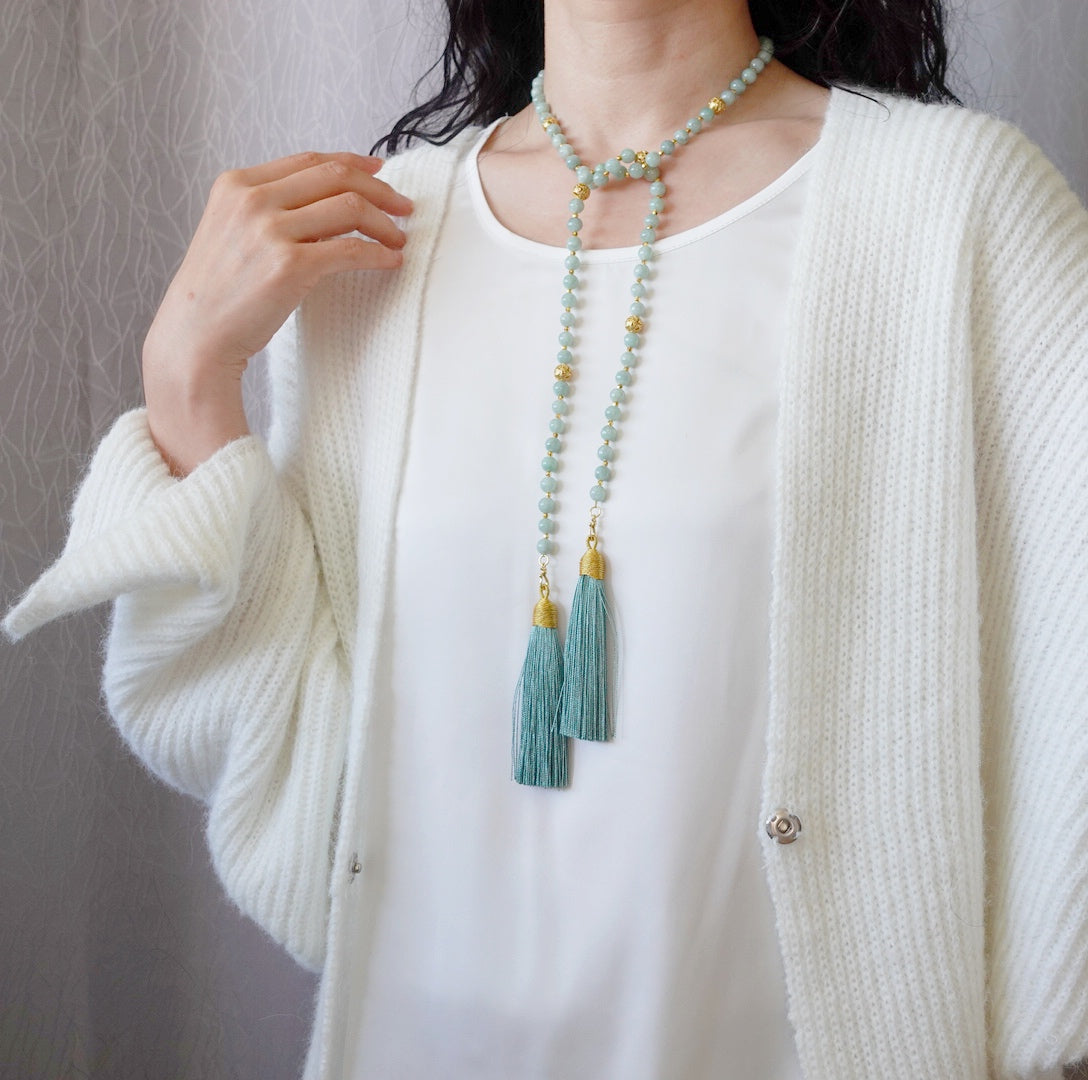 Return to Origin Multi-Style Green Jadeite Beaded Necklace with Tassels Modeling - Yun Boutique