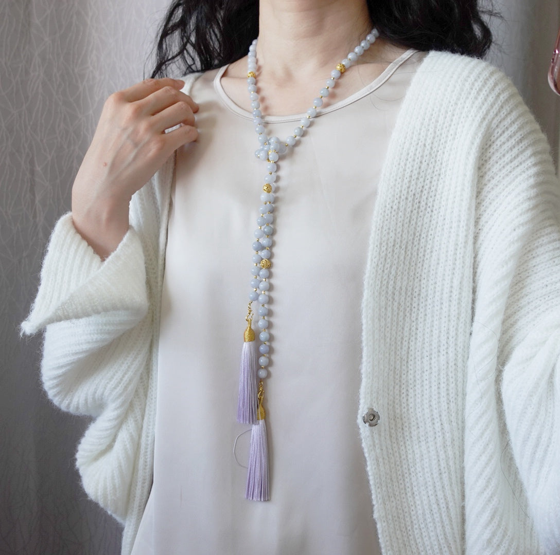 Return to Origin Multi-style Purple Jadeite Beaded Necklace with Tassels Modeling - Yun Boutique