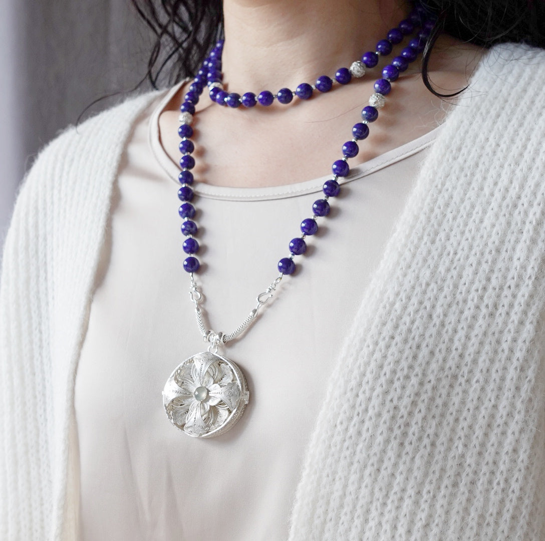 Return to Origin Multi-style Lapis Beaded Necklace with Pendant Modeling with Double-Layer - Yun Boutique