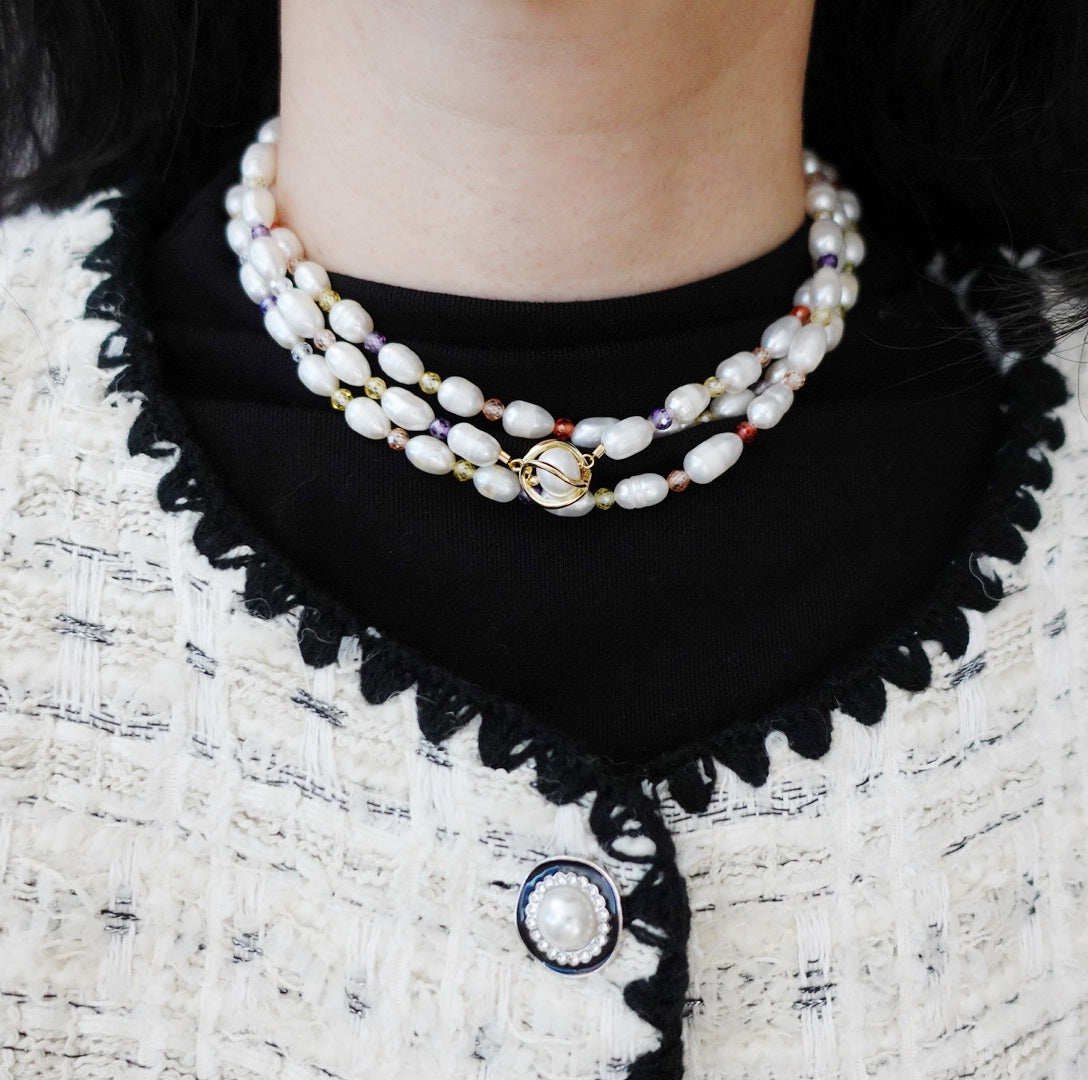 Long Pearl Necklace with Colorful Zirconia