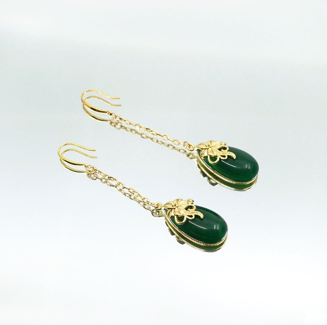 Green Jade Earrings with Long Dangle Chain - Yun Boutique