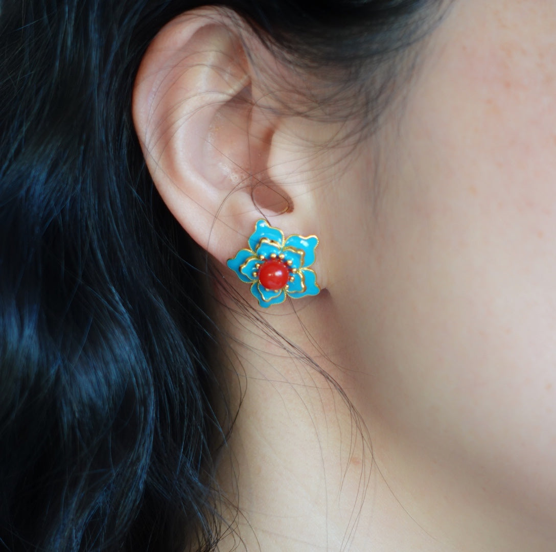 Imitation Kingfisher Flower Studs - Yun Boutique