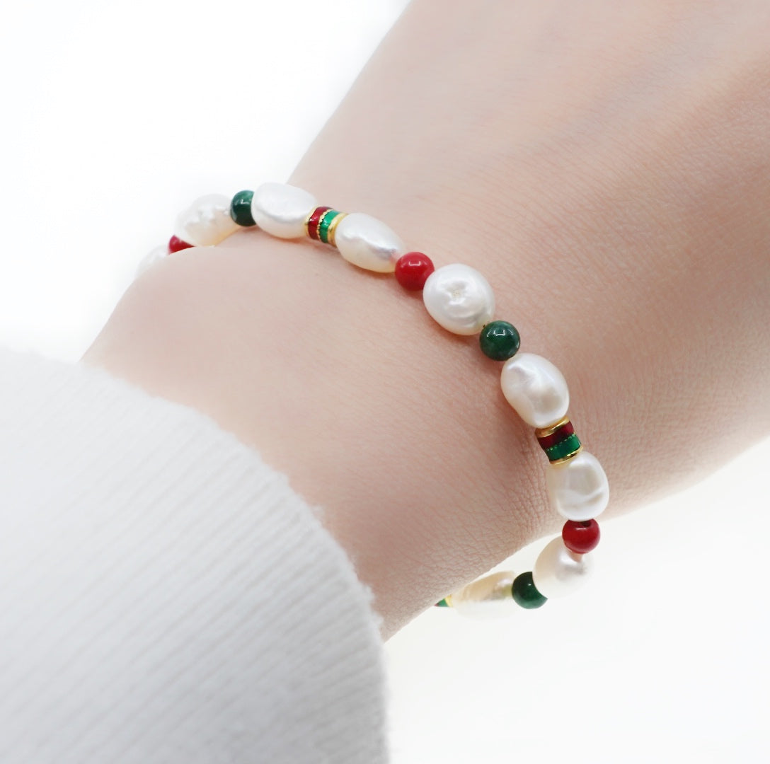 Yun Boutique Baroque Pearl Bracelet with Red and Green Gemstones