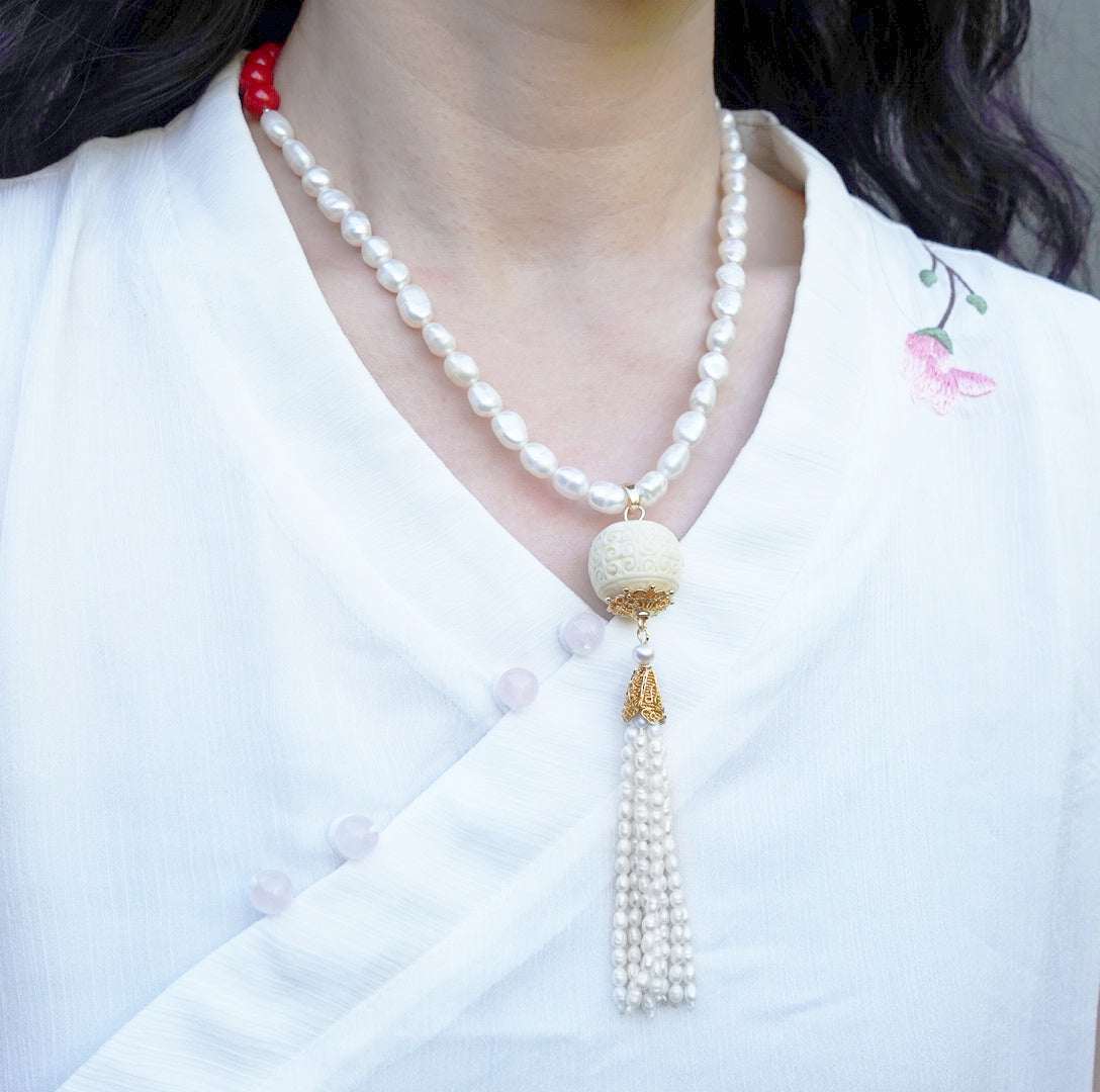 Auspicious Clouds Corozo Nuts Pearl Tassel Pendant - Yun Boutique