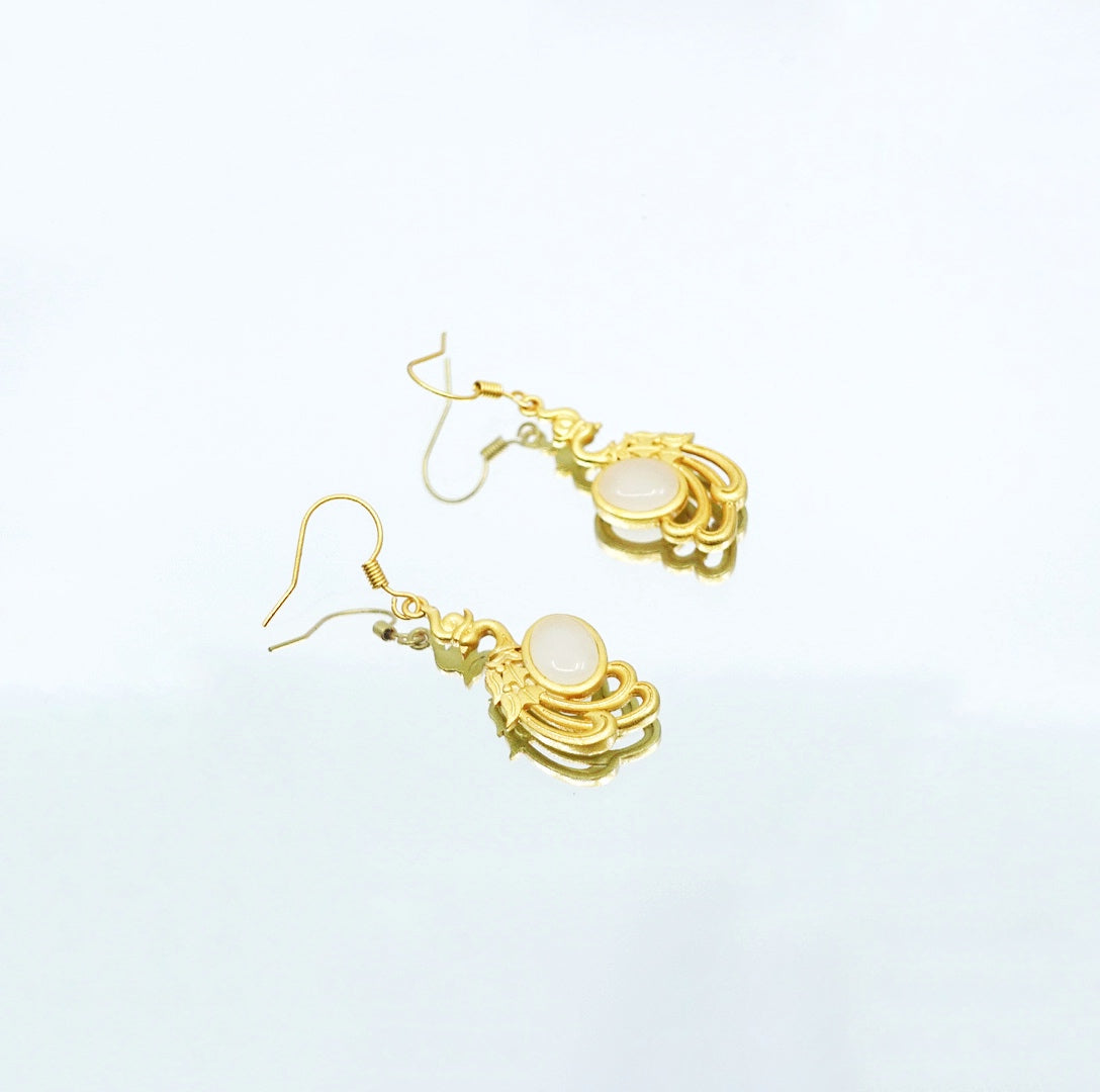 White Jade Gold Phoenix Earrings