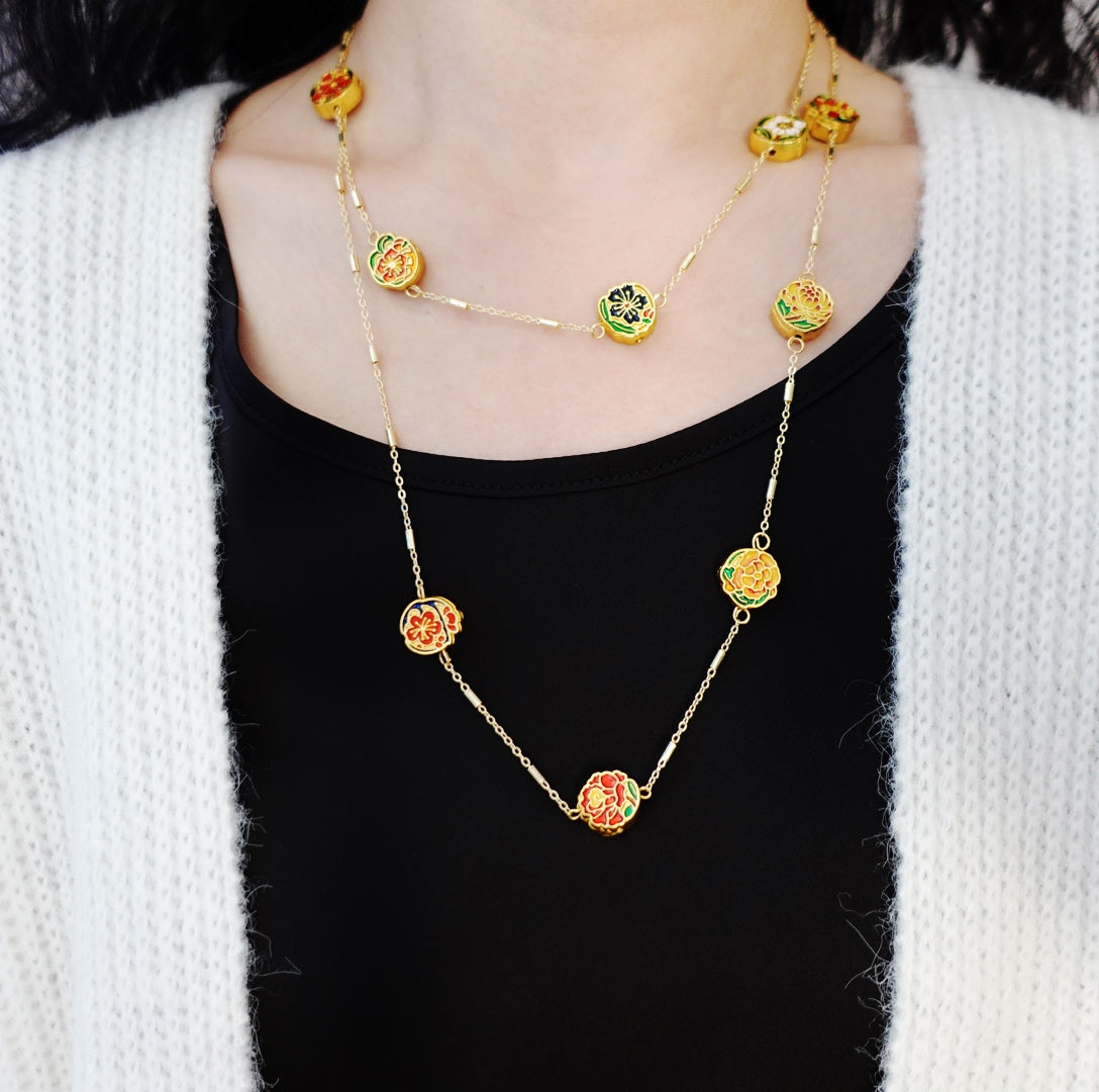 Enamel Chinese Month Flower Necklace - Yun Boutique