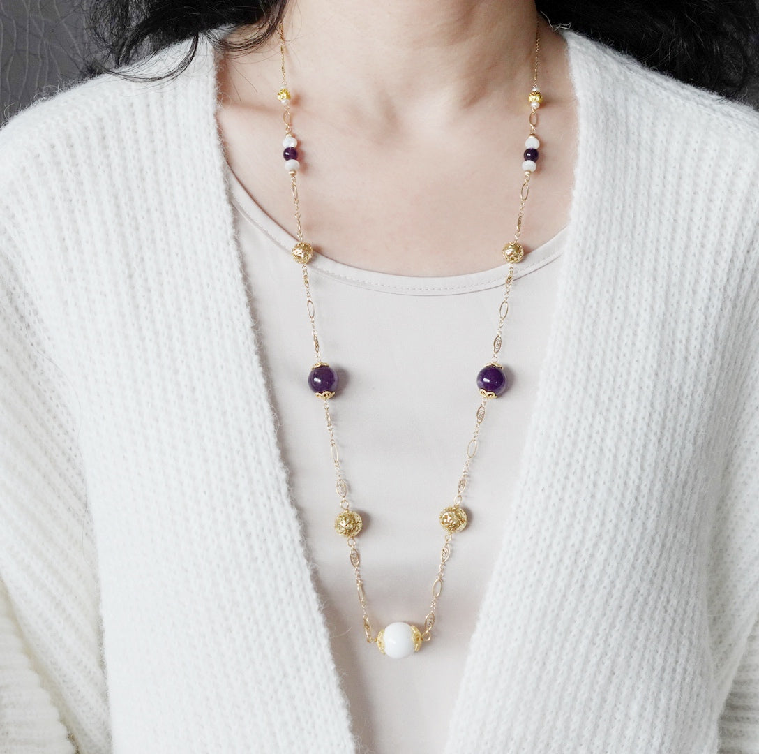 Winter Amethyst and Tridacna Long Chain Necklace - Yun Boutique