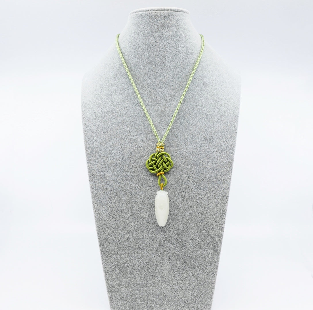 White Jade Cicada Pendant Necklace with Chinese Knot - Yun Boutique